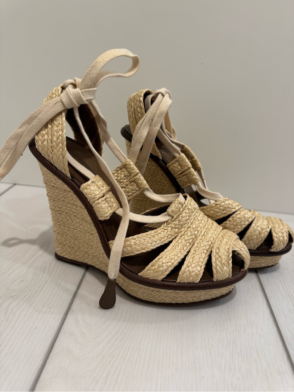 Bottega Veneta Never Worn Raffia Wedge Sandals with Ankle Tie size 38
